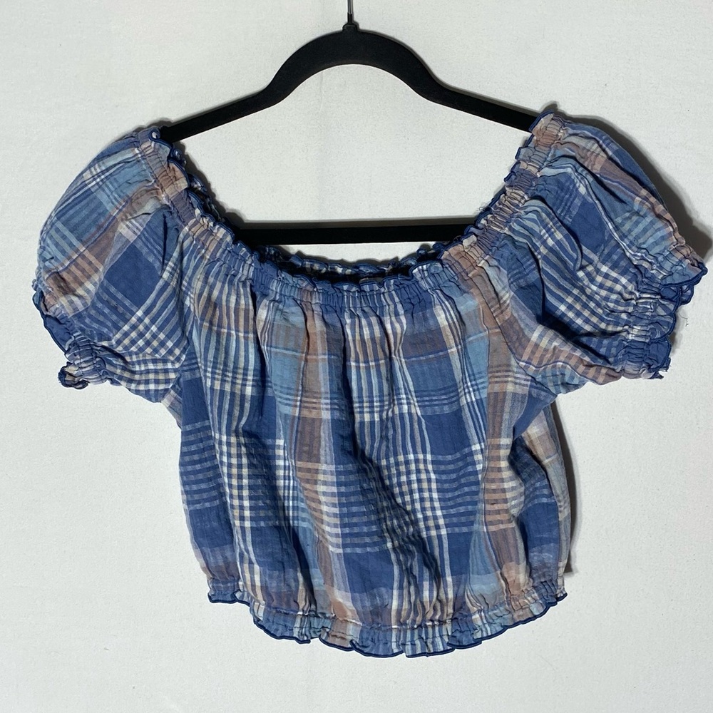 American Eagle Blue Plaid Cotton Linen Off Shoulder Short Sleeve Crop Top XS